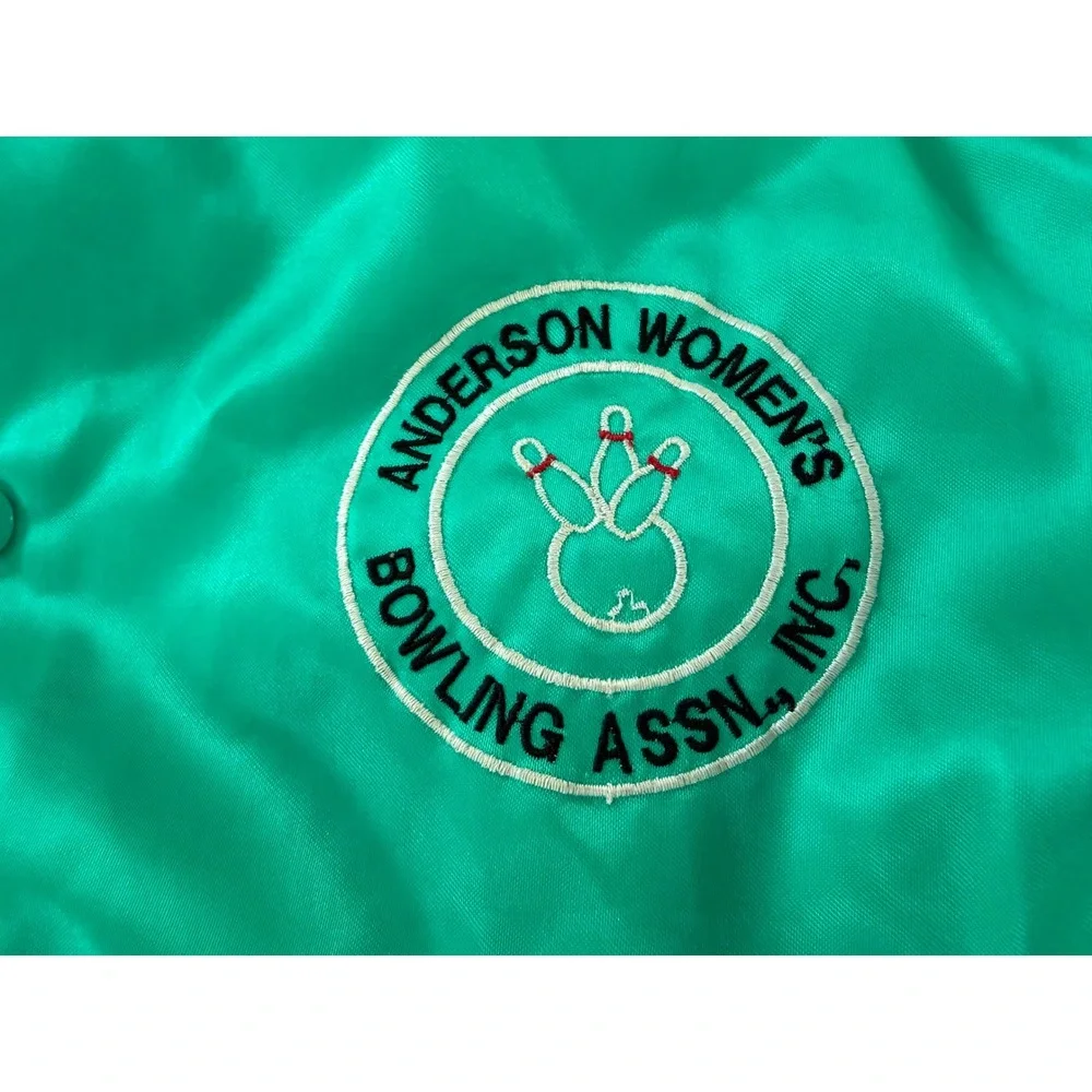 Vintage WestArk Bowling Jacket XL Teal Satin Bomber 1994 Champion Made in USA